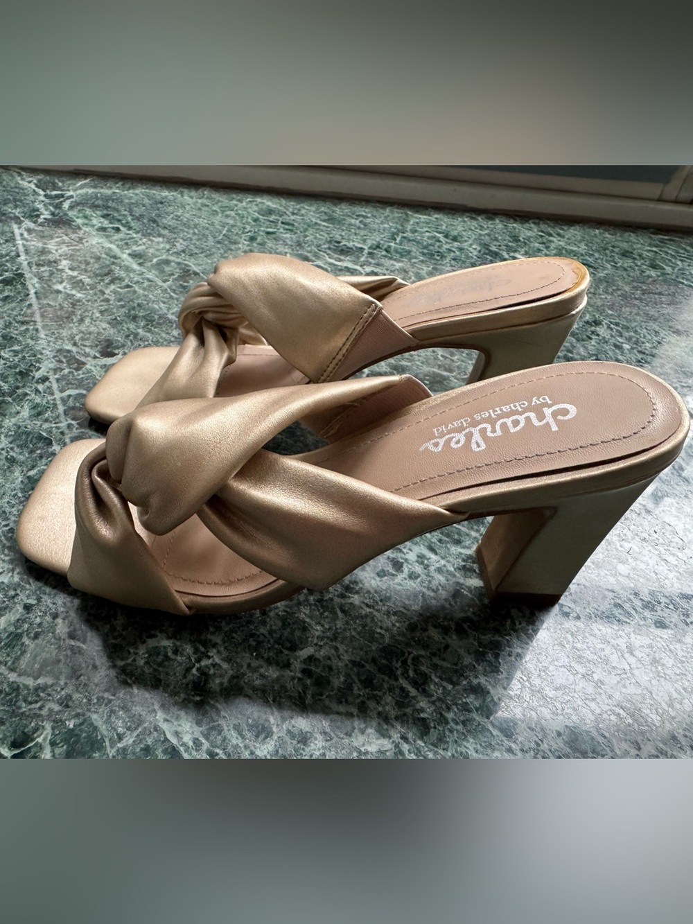 Charles By Charles David Metallic Gold Knot-Front Block Heel Mules Slippers
